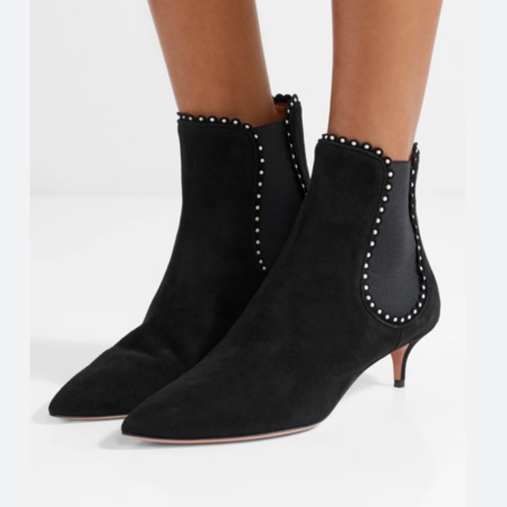 Aquazzura Jicky black faux pearl suede Chelsea boots size 36